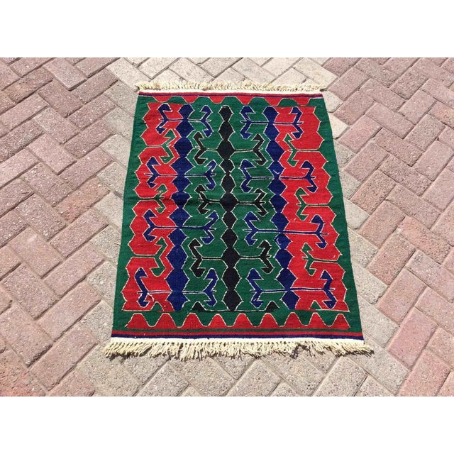 Green Green and Red Vintage Turkish Kilim Rug - 33" X 43" For Sale - Image 8 of 8
