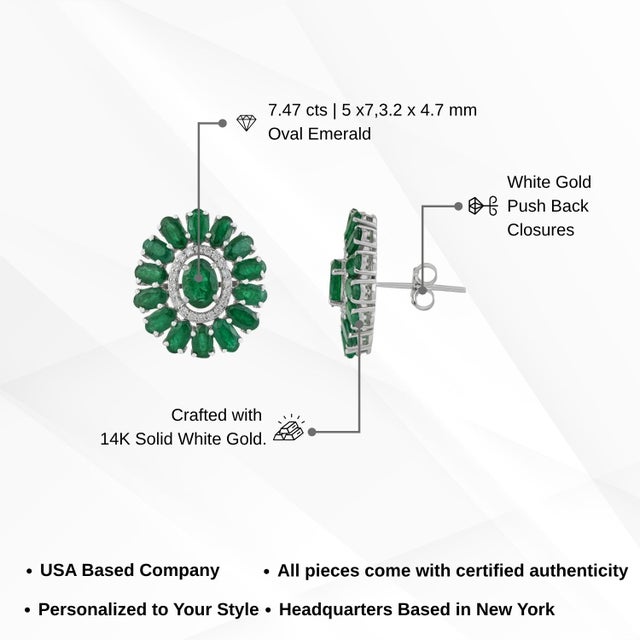 Contemporary Emerald & Diamond Floral Stud Earrings in 14k White Gold- A Pair For Sale - Image 10 of 13