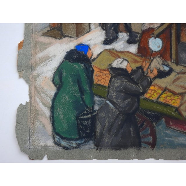 Mid-Century Modern Mid 20th Century Winter Street Market Pastel Painting For Sale - Image 3 of 6