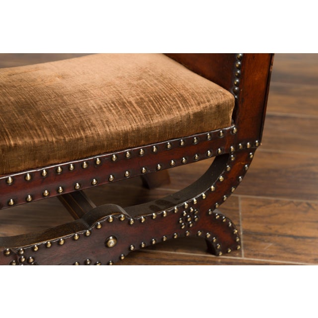 Petite English 1920s X-Form Leather Stool with Out-Scrolling Arms and Nailheads For Sale - Image 9 of 11