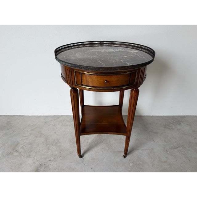 19th Century Louis XVI-Style Bouillotte End Table With Marble Top, Brass Gallery & Casters For Sale - Image 12 of 16