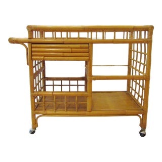 Italian Bamboo Bar/Serving Cart With Glass Shelves and One Drawer, 1960's For Sale