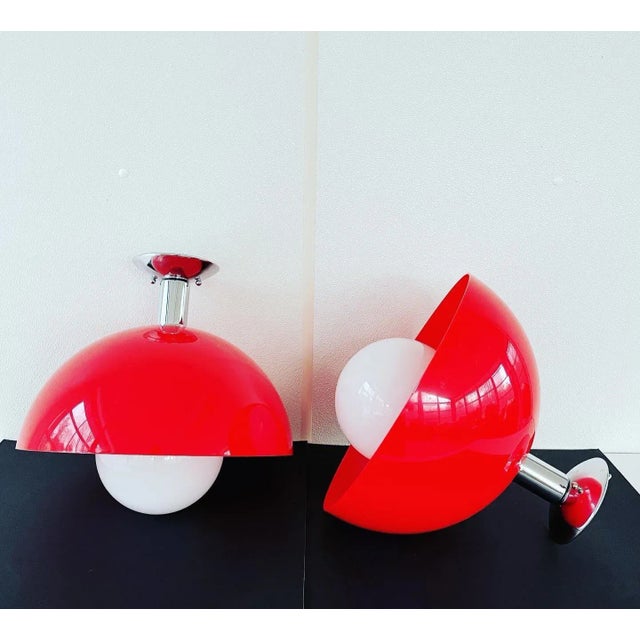 Mid Century Cherry Red Semi-Flush Lights - A Pair For Sale - Image 6 of 9