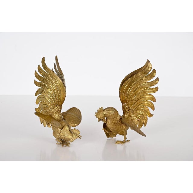 Metal Italian Gold Plated Fighting Cockerel Ornaments, 1960s, Set of 2 For Sale - Image 7 of 16