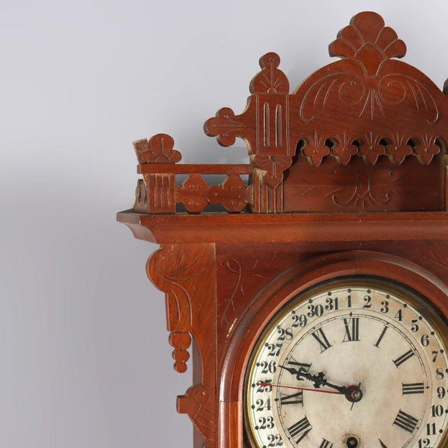 Oversized Antique Chip Carved Walnut Calendar Clock C1890 For Sale - Image 9 of 16