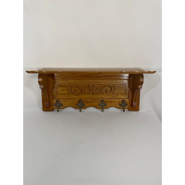 French Country Vintage French Tiger Oak 27" Wall Shelf Coat and Hat Rack For Sale - Image 3 of 17