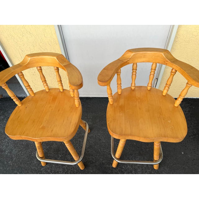 Mid-Century Modern 1960s Solid Wood Swivel Captain’s Bar Stools Set of 2 For Sale - Image 3 of 6