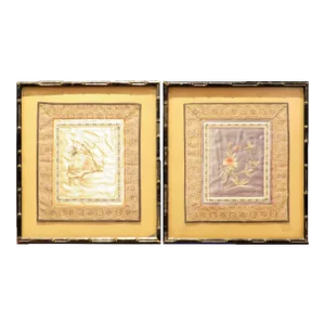 1950s Asian Embroidered Butterfly & Floral Silk Textiles in Faux Bamboo Frames, Pair
