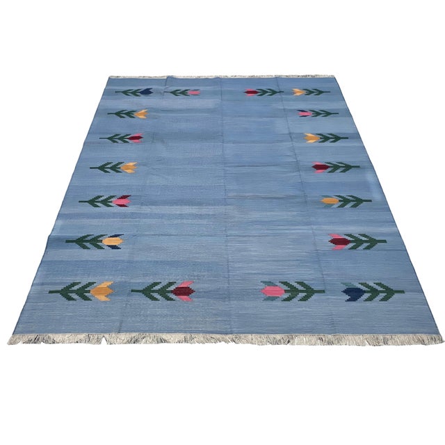 Sky Blue Handmade Cotton Vegetable Dyed Flat Weave Area Rug, Sky Blue Leaf Dhurrie - 8'x10' For Sale - Image 8 of 13