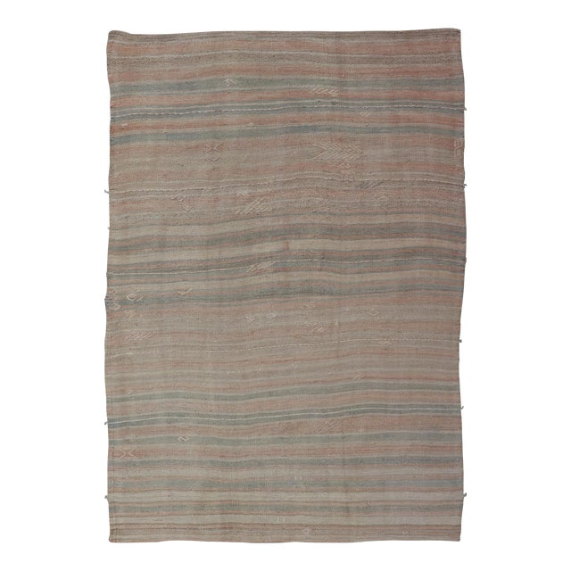 Vintage Turkish Kilim Rug With Soft Pastel Stripes and Earthy Tones 4'11" X7'7" For Sale