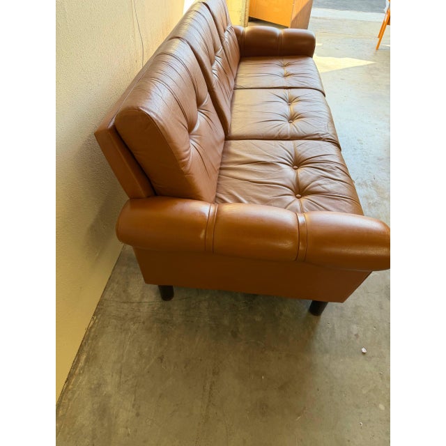 Animal Skin Vintage Danish Cognac Leather Sofa – Mid-Century Modern Tufted 3-Seat Couch For Sale - Image 7 of 8