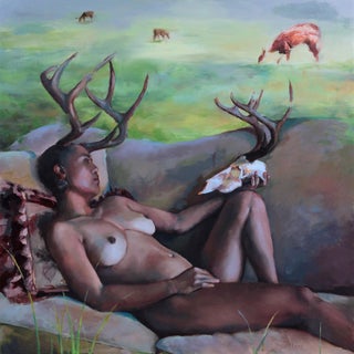 Mythic by John McLeod | Oil on panel of a reclining figure with antlers and a skull in a landscape. For Sale