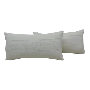 Vintage White on White Eyelet Lace Linen Bolster Decorative Pillows - A Pair