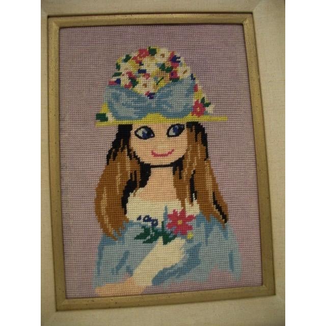 Mid-Century Modern Vintage Needlepoint Portrait of Lady in Floral Hat With Bouquet For Sale - Image 3 of 6