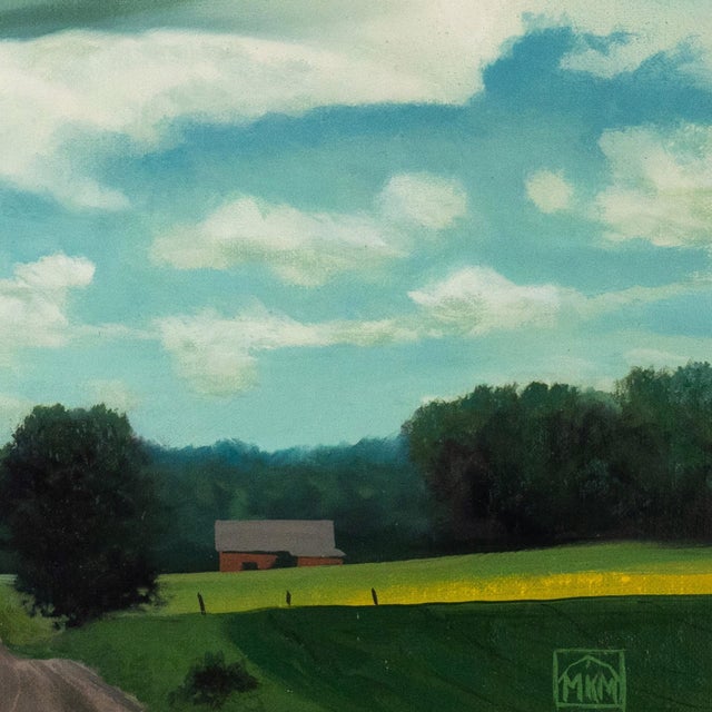 Contemporary Camp Road by Michael Miller | Oil on Panel Landscape with a road and distant houses under a cloudy sky For Sale - Image 3 of 5