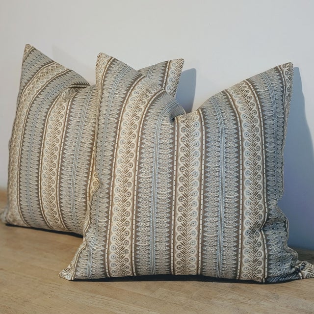 Traditional Jasper Eastlake 22" Single-Sided Pillows in Sky Blue & Brown - Set of 2 For Sale - Image 3 of 7