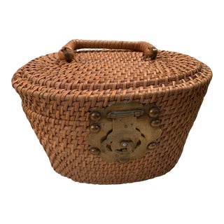 Vintage Asian Wicker Brass Lunch Basket or Purse For Sale