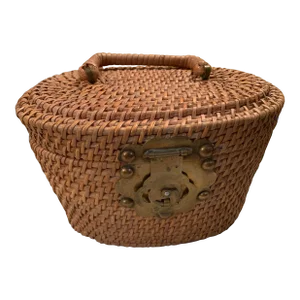 Vintage Asian Wicker Brass Lunch Basket or Purse
