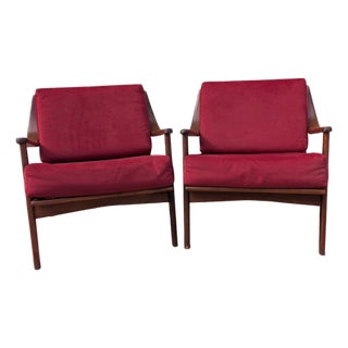 Mid-Century Armchairs in Wood and Burgundy Velvet, 1960s, Set of 2 For Sale
