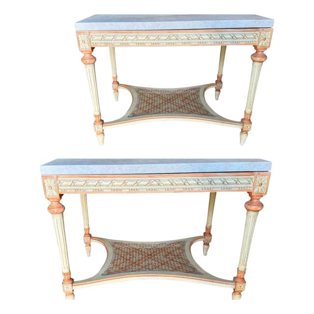 Mid 20th Century Decorated End Tables with Taj Mahal Marble Tops - A Pair For Sale