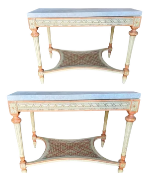 Mid 20th Century Decorated End Tables with Taj Mahal Marble Tops - A Pair