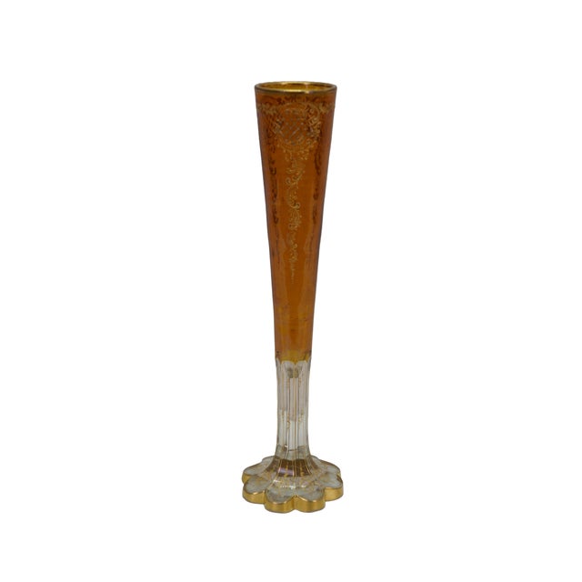 Victorian Antique Moser Bohemian Czech Amber Cut to Clear Crystal Trumpet Vase 14" For Sale - Image 3 of 14