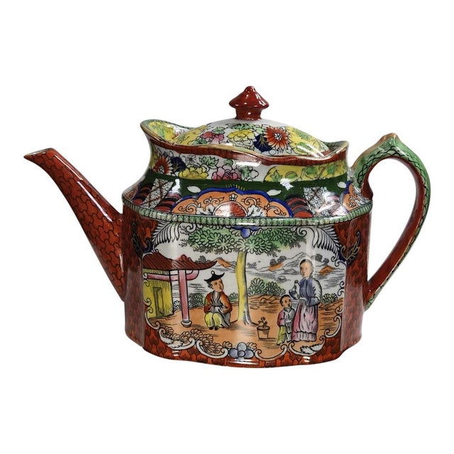 Patent Ironstone New Oval Teapot with Red Scale Conversation Decor, 1820-1830 For Sale - Image 4 of 12