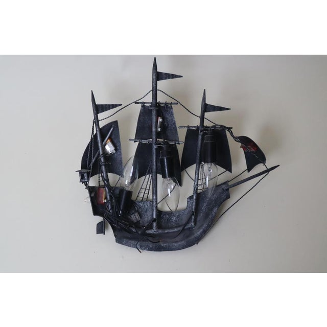 Silver Spanish Galleon Columbus' Santa Maria Sailing Ship Wall Lamp in Wrought Iron, 1950s For Sale - Image 8 of 14