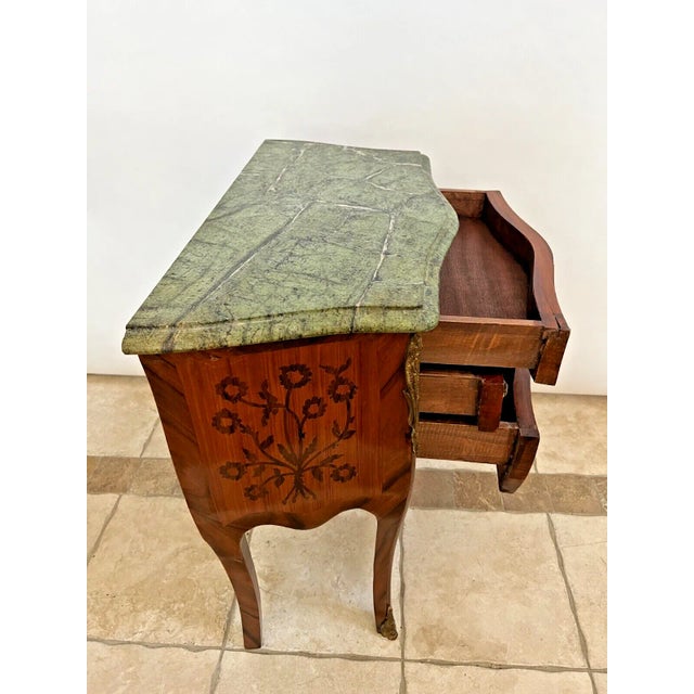 French 1900s Antique French Small Bombe Commode with Green Marble Brass Ormolu For Sale - Image 3 of 11