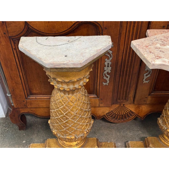 Pair of Carved Giltwood Pineapple Consoles With Marble Tops For Sale - Image 9 of 16
