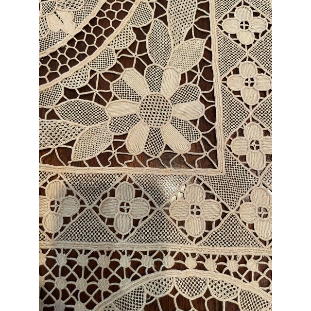Taupe Vintage French Lace Point De Venise Tablecloth For Sale - Image 8 of 13