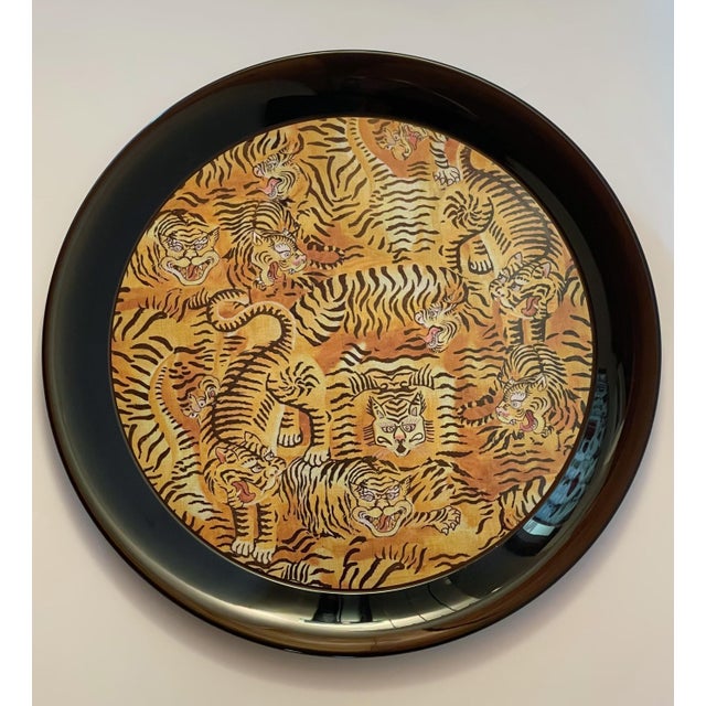 Gucci yellow tigers round metal plate or serving tray with dark brown velvet base / Made in Italy Original stamp at...