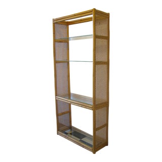 Vintage Bamboo and Cane Shelving Unit With Glass Shelves For Sale