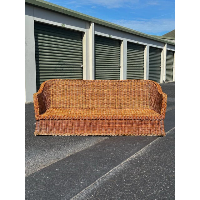 Coastal Vintage Rattan Sofa With Braided Wicker Trim For Sale - Image 9 of 18