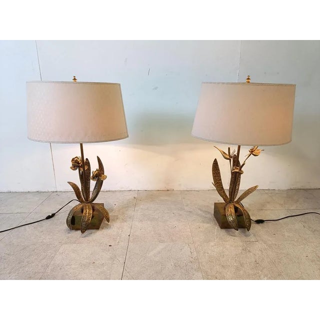 Metal Bronze Flower Table Lamps, 1970s, Set of 2 For Sale - Image 7 of 11