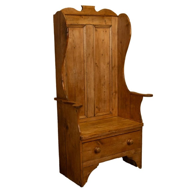 English Antique 19thC English Pine Lambing Chair Hall Bench Settle With Drawer 1860 For Sale - Image 3 of 9