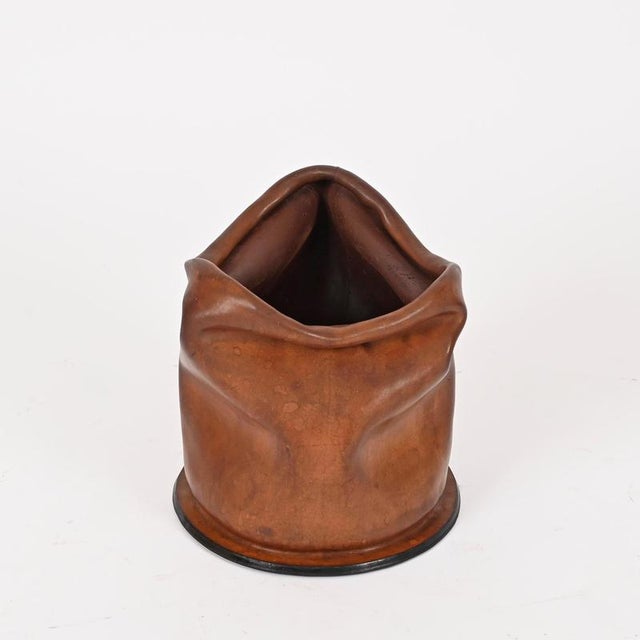 Spectacular Mid-Century large decorative wastepaper basket, entirely crafted from full-grain sculpted Italian leather....