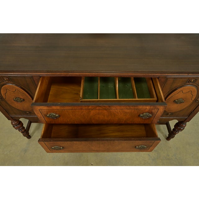 Berkey & Gay Style Antique English Jacobean Carved Walnut and Burl Wood Sideboard, Circa 1920s For Sale In South Bend - Image 6 of 13