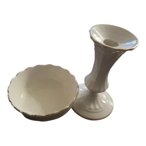 1970s Lenox Ivory Porcelain Set of Trinket Bowl & Candle Holder