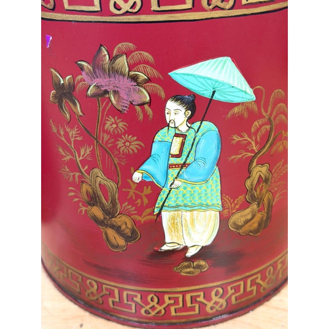 Pair English Chinoiserie Red Tole & Gilt Painted Tea Caddy Lamps, 20th Century For Sale - Image 4 of 14