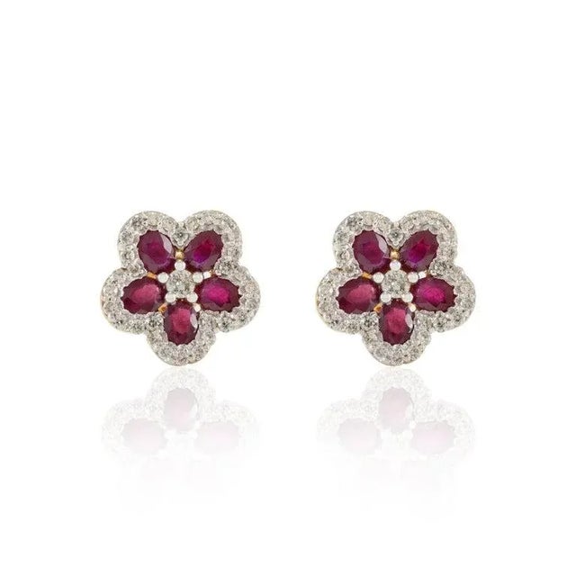 Art Deco Everyday Ruby and Diamond Cherry Blossom Floral Stud Earrings in 18k Yellow Gold- A Pair For Sale - Image 3 of 8