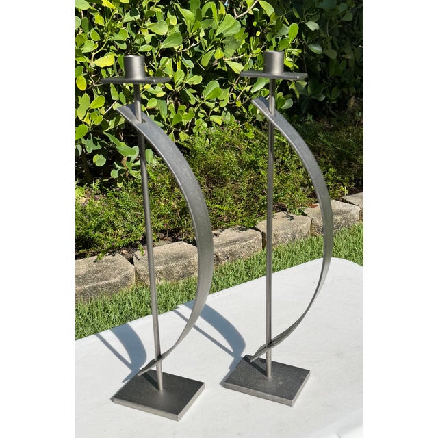 Postmodern Rick Martin Signed Modernist Welded Steel Candleholders, 2003, Pair For Sale - Image 3 of 12