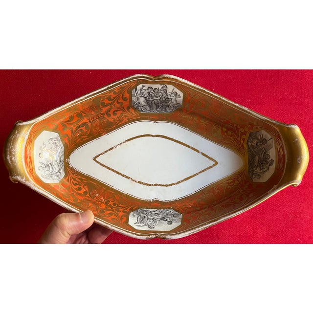 Antique early 19th century English George III Miles Mason navette shape porcelain dish circa 1805. Decorated en grisaille...