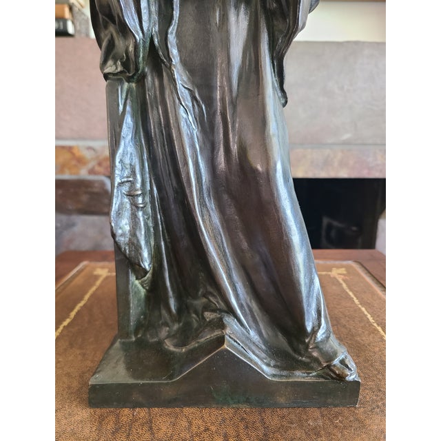 Metal Antique 19th Century Bronze Statue Sculpture Medieval Figure Holding Scrolls For Sale - Image 7 of 18