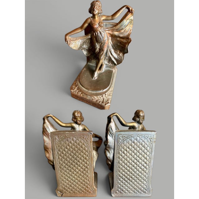 Antique Art Deco Flapper Girl Spelter Bookends-Loie Fuller-Bronze Finish-Pair For Sale - Image 6 of 11