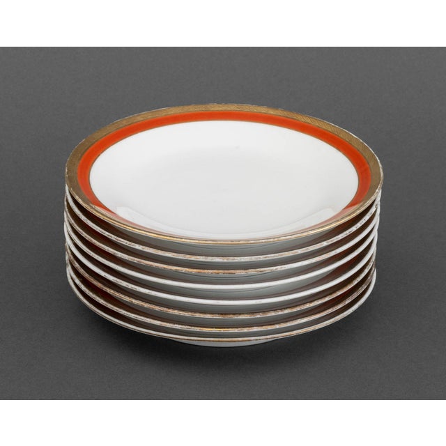 Set of Eight Richard Ginori Porcelain Bread and Butter Plates, with orange and gilt trim, marked "Richard Ginori / B-9 /...