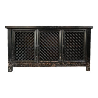 Vintage Black Aged Lattice 3-Door Sideboard For Sale