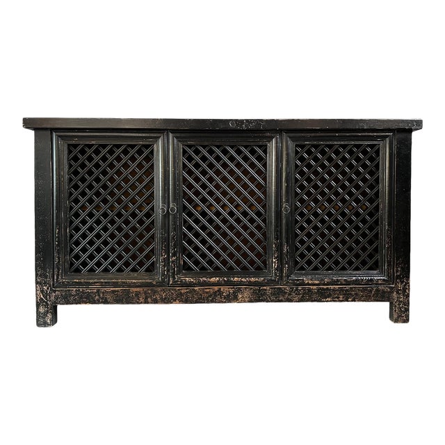 Vintage Black Aged Lattice 3-Door Sideboard For Sale