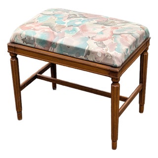 Vintage Georgian Style Mahogany Vanity Bench, Floral Upholstered Dressing Stool, Spindle Leg Accent Chair, Bedroom Seating, Antique Stool For Sale