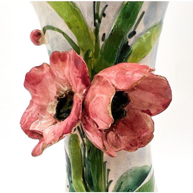 French Country Vintage Italian Hand-Sculpted Floral Vase | Hand Painted Ceramic | Cottagecore, French Garden, Italian Pottery For Sale - Image 3 of 14